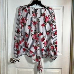 Justify Womens blouse , size XL , black stripes with pink/mauve roses